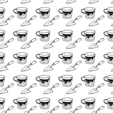 Seamless pattern hand drawn trowel, bucket. Doodle black sketch. Sign symbol. 스톡 일러스트