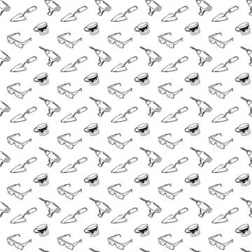 Seamless pattern hand drawn trowel, bucket, drill, glasses. Doodle black sket 스톡 일러스트