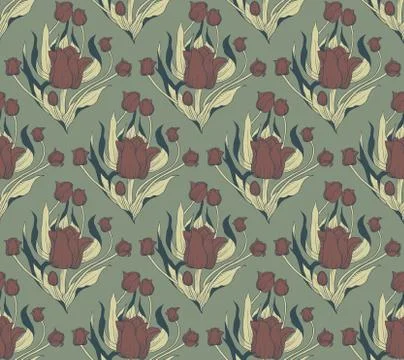 Seamless pattern, hand drawn Tulip flowers with leaves on green background Stock Illustration