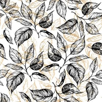 Seamless pattern - Hand drawn twig with leaves in gray scale and leaves contour Illustrazione stock