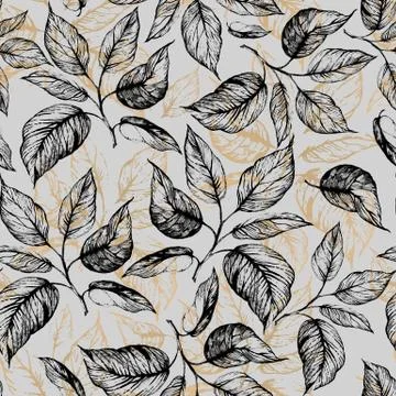 Seamless pattern - Hand drawn twig with leaves in gray scale and leaves contour Illustrazione stock