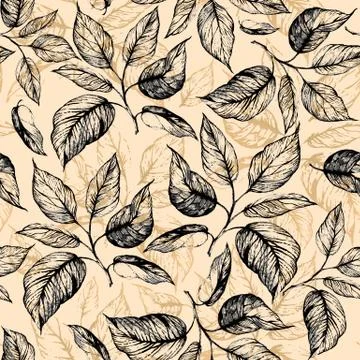 Seamless pattern - Hand drawn twig with leaves in gray scale and leaves contour Illustrazione stock