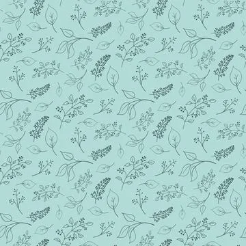 Seamless pattern hand drawn twig with leaf and berry on light green backgroun Stock Illustration