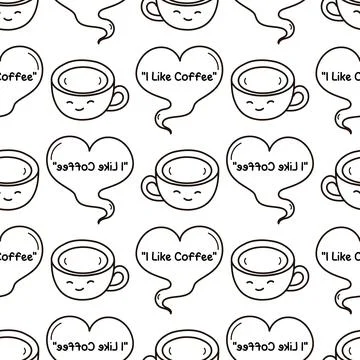 Seamless pattern hand drawn two coffee cups with smiling faces Stock Illustration