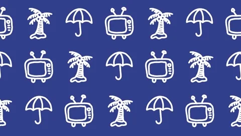 Seamless pattern of hand-drawn umbrella, retro television, tropical palm tree Stock Footage 336328829