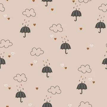 Seamless pattern with hand drawn umbrellas, clouds and drops. Childrens texture Stock Illustration