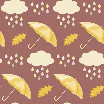 Seamless pattern with hand drawn umbrellas, clouds and raindrops Stock Illustration