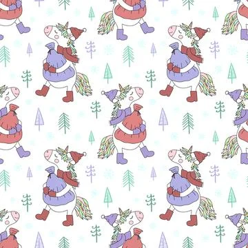 Seamless pattern of hand-drawn unicorn in a cap, boots and a scarf with a bag Stock Illustration