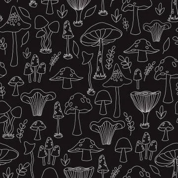 Seamless pattern with hand drawn vector mushrooms. Stock Illustration