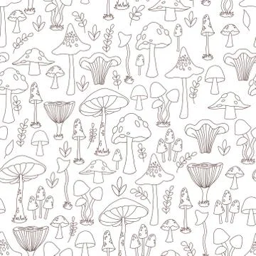 Seamless pattern with hand drawn vector mushrooms. Stock Illustration