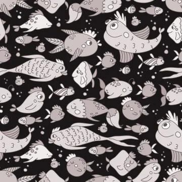 Seamless pattern of hand drawn vector EPS 10 cute fishes. Stock Illustration