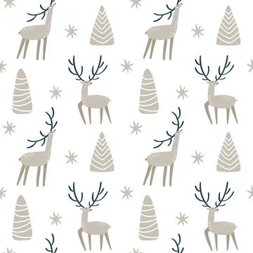 Seamless pattern of hand drawn Vector Christmas tree, snowflake and deer. Baby Stock Illustration
