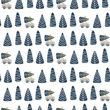 Seamless pattern of hand drawn Vector Christmas tree and car with fir tree. Baby Illustrazione stock