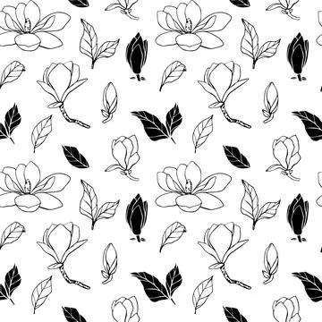 Seamless pattern with hand drawn vector magnolia flower, contour outline and Stock Illustration