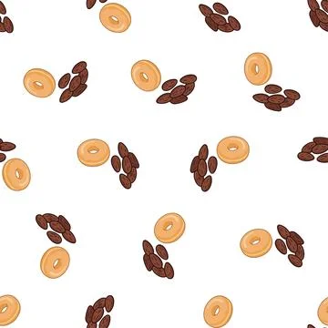 Seamless pattern with hand drawn vector bagels and raisins. 库存插图
