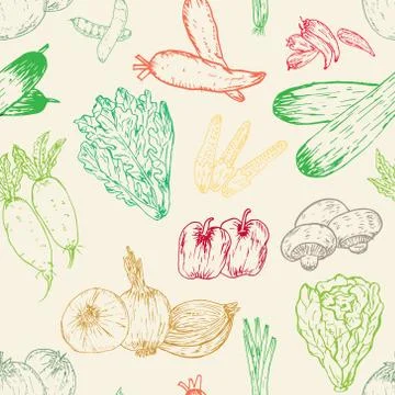 Seamless pattern with hand drawn vegetables background. Organic herbs and spi Stock Illustration