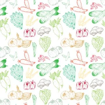 Seamless pattern with hand drawn vegetables background. Organic herbs and spi Stock Illustration