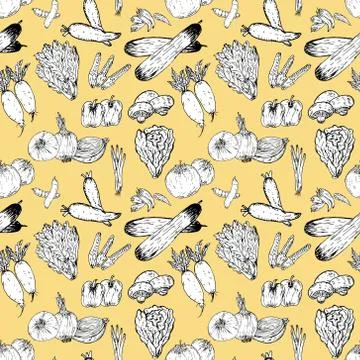 Seamless pattern with hand drawn vegetables background. Organic herbs and spi Stock Illustration