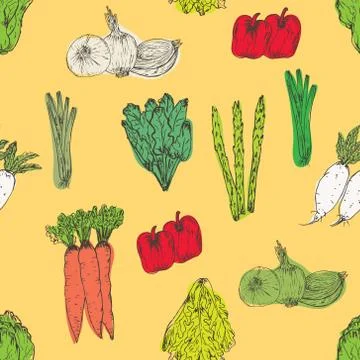 Seamless pattern with hand drawn vegetables background. Organic herbs and spi Stock Illustration