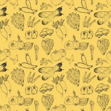 Seamless pattern with hand drawn vegetables background. Organic herbs and spi Stock Illustration