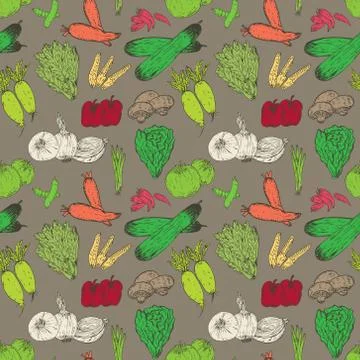 Seamless pattern with hand drawn vegetables background. Organic herbs and spi Stock Illustration