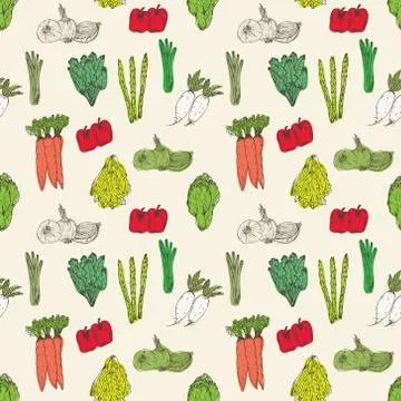 Seamless pattern with hand drawn vegetables background. Organic herbs and spi Stock Illustration