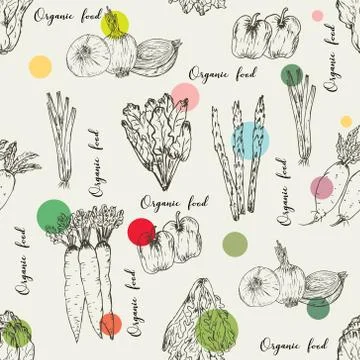 Seamless pattern with hand drawn vegetables background. Organic herbs and spi Stock Illustration