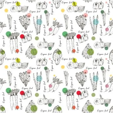 Seamless pattern with hand drawn vegetables background. Organic herbs and spi Stock Illustration