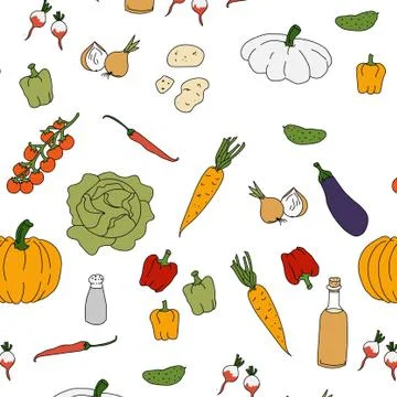 Seamless pattern with hand drawn vegetables. Vector illustration isolated on Stock Illustration