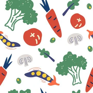 Seamless pattern with hand drawn vegetables. Vegetarian healthy food vector t Stock Illustration