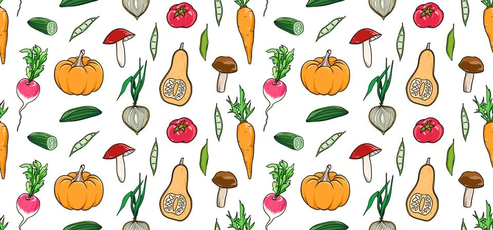 Seamless pattern with hand drawn vegetables and mushrooms. Vegetarian food Stock Illustration