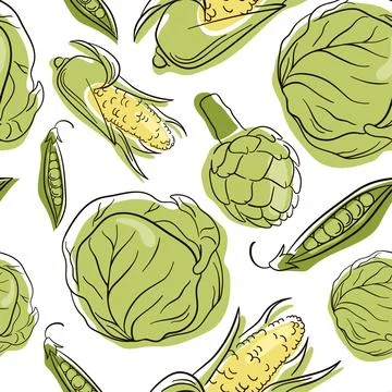 Seamless pattern with hand drawn vegetables. Line art cabbage, corn, peas Stock Illustration