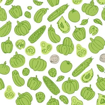 Seamless pattern with hand drawn vegetables. Cucumber, pepper, tomato, cucu.. Stock Illustration