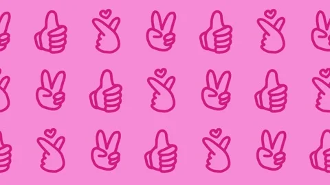Seamless pattern of hand-drawn victory peace signs, thumbs up, and korean finger Stock Footage 337247008