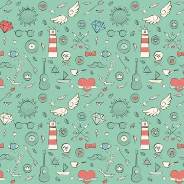 Seamless Pattern with Hand Drawn Vintage Sea Illustrations Illustrazione stock