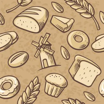 Seamless Pattern hand drawn vintage for bakery. Bread, grain, wheat, donut,.. Stock Illustration