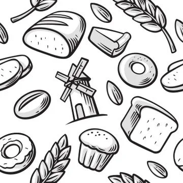 Seamless Pattern hand drawn vintage for bakery. Bread, grain, wheat, donut,.. Stock Illustration