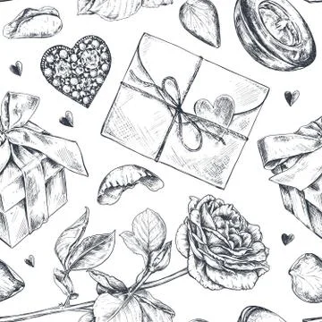 Seamless pattern with hand drawn vintage valentine and wedding day elements in Stock Illustration