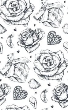 Seamless pattern with hand drawn vintage valentine and wedding day elements. Stock Illustration