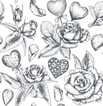 Seamless pattern with hand drawn vintage valentine and wedding day elements. Stock Illustration