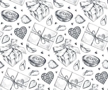 Seamless pattern with hand drawn vintage valentine and wedding day elements in Illustrazione stock