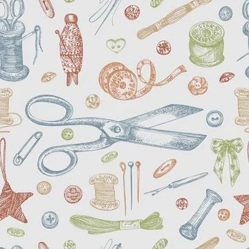 Seamless pattern with hand-drawn vintage sewing tools Stock Illustration