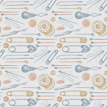 Seamless pattern with hand-drawn vintage sewing tools Stock Illustration