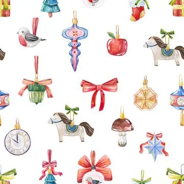 Seamless pattern of hand-drawn vintage watercolor Christmas tree toys and d.. Stock Illustration