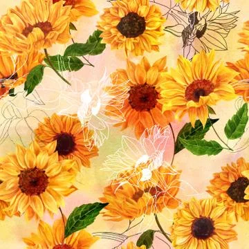 Seamless pattern with hand drawn watercolor sunflowers 库存插图
