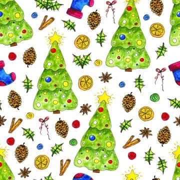 Seamless pattern with hand drawn watercolor christmas elements Stock Illustration