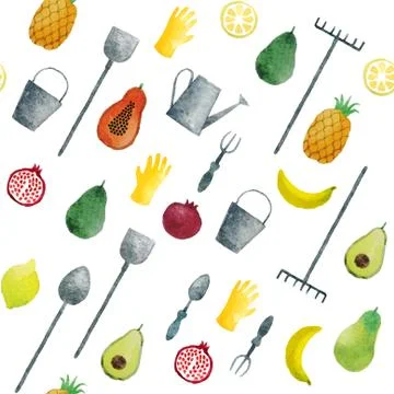 Seamless pattern hand drawn watercolor fruits and garden tools Stock Illustration