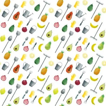 Seamless pattern hand drawn watercolor fruits and garden tools Stock Illustration
