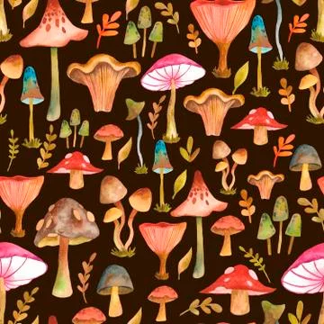 Seamless pattern with hand drawn watercolor mushrooms. Stock Illustration