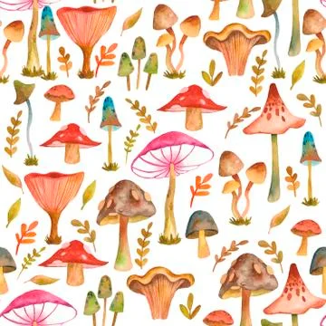 Seamless pattern with hand drawn watercolor mushrooms. Stock Illustration